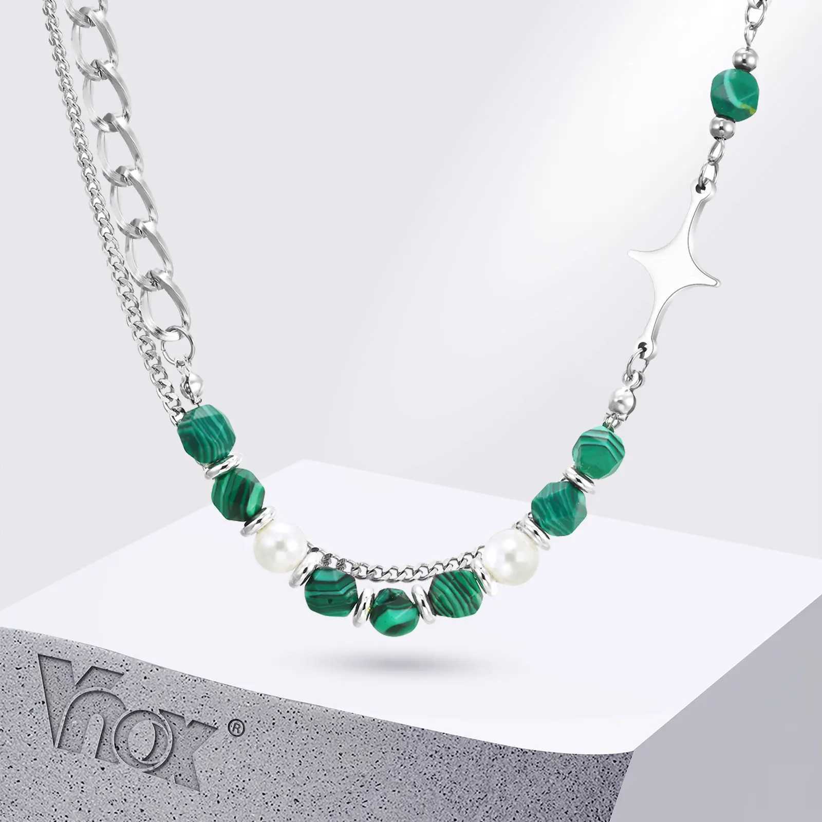 Vnox Unisex Layered Cuban Chain Necklaces Green Natural Stone Beads Chokers for Women Men Teens Simple Collar Jewelry Z250614
