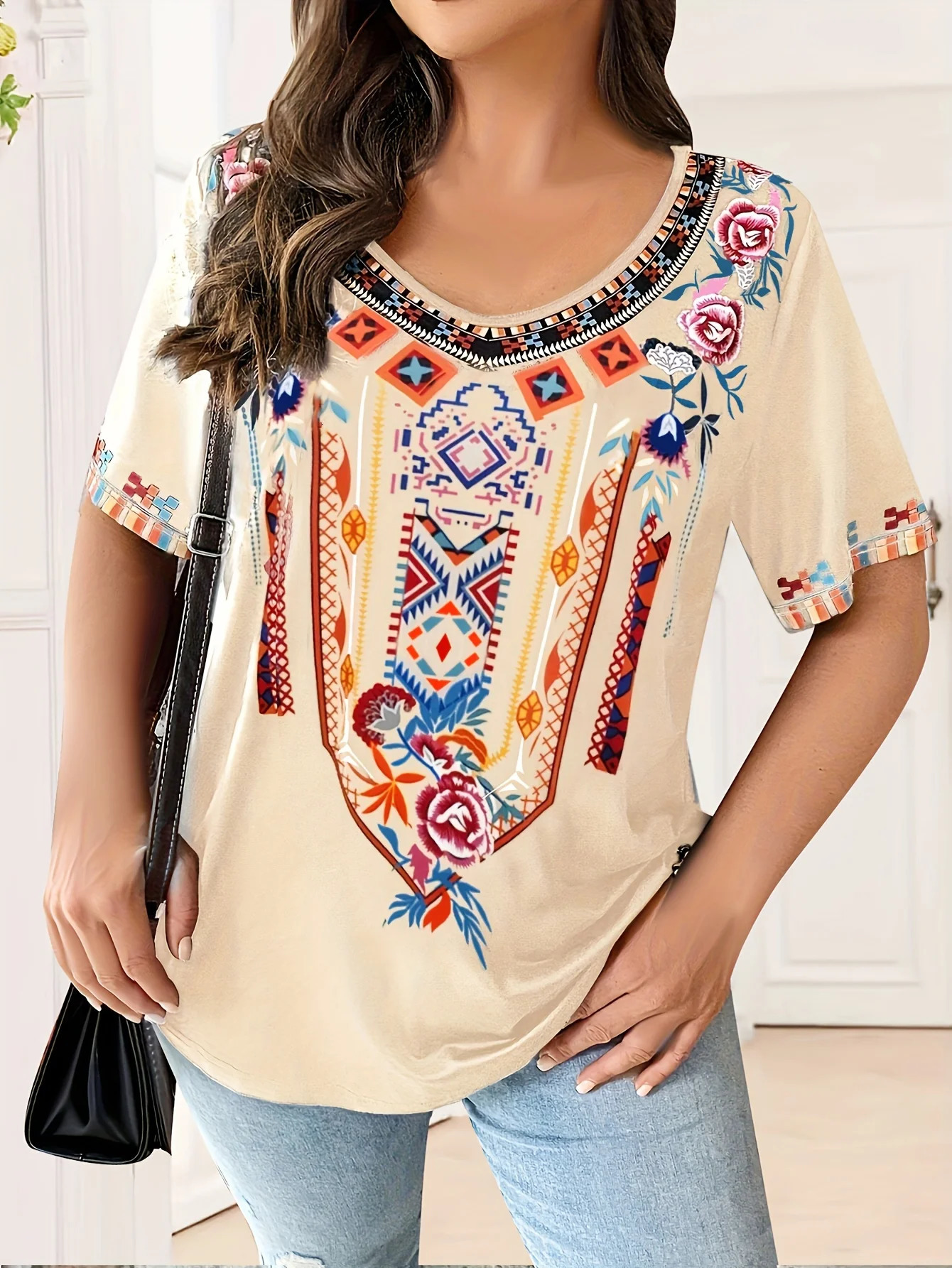 Plus Size Womens TShirt Boho Harajuku Graphic Print Summer Short Sleeve Casual Tops Street Fashion Female Clothing 250614