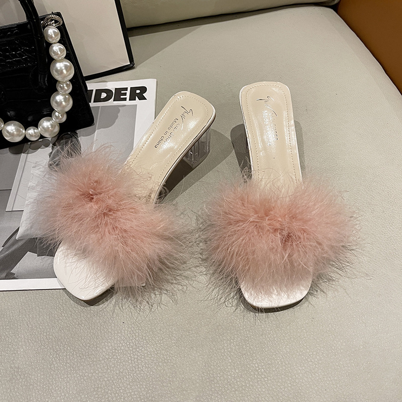 Ddmyoutdoor Ddmyoutdoor Fairy Style Furry Slippers For Women Summer Outdoor New Trendy Chunky One Strap Crystal High Heel Sandals Shoes Outdoor Shoes