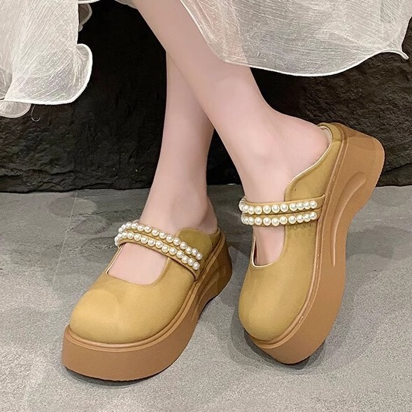 Ddmysports Spring Summer French Closed Toe Mules For Women New Pearl Fairy Style Thick Soled Mary Jane Sandals Outdoor Shoes