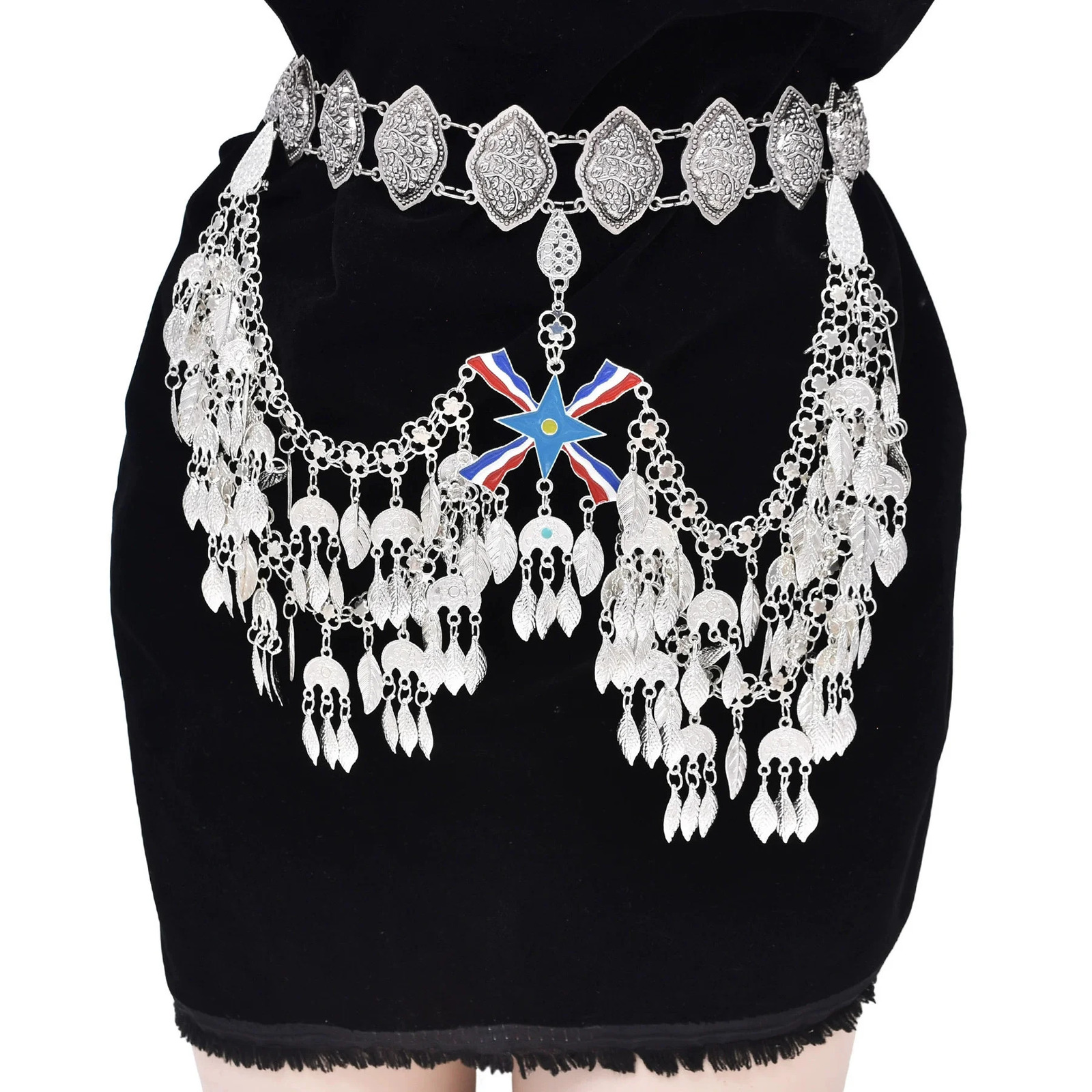 Silvery Assyrian Belt Hair Accessories for Women Kurdish Hollow Ethnic Waist Belly Chain Colorful Flag Leaf Coins Tassel Jewelry 250610