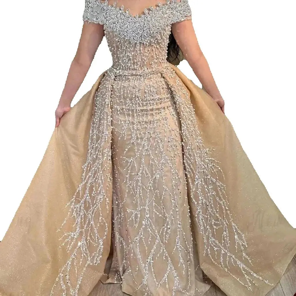 Luxury Crystal Pearls Sheath Wedding Dress Off Shoulder Bridal Dress with Detachable Train Customized vestidos de novia