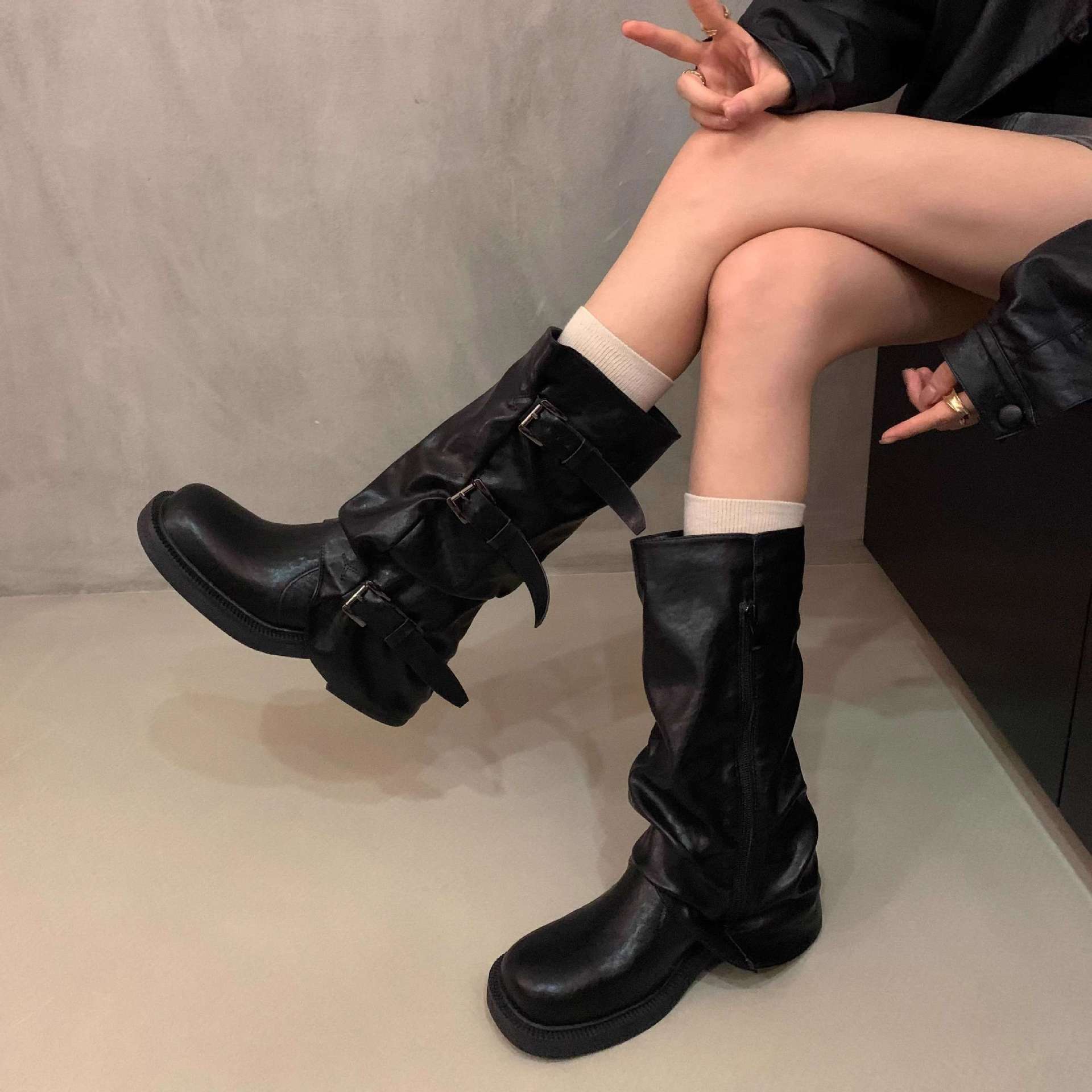 Ddmyoutdoor Chunky Heel Mid Calf Western Cowboy Slouch Riding Early Autumn Martin French Style Women S Boots Outdoor Shoes