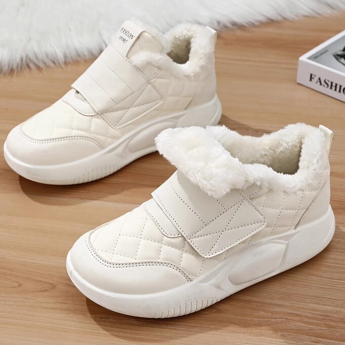 Ddmysports New Winter Thick Soled Cotton Shoes For Women Leather Wool Integrated Warm White Snow Boots Fleece Lined And Thickened Sneakers Outdoor Sho