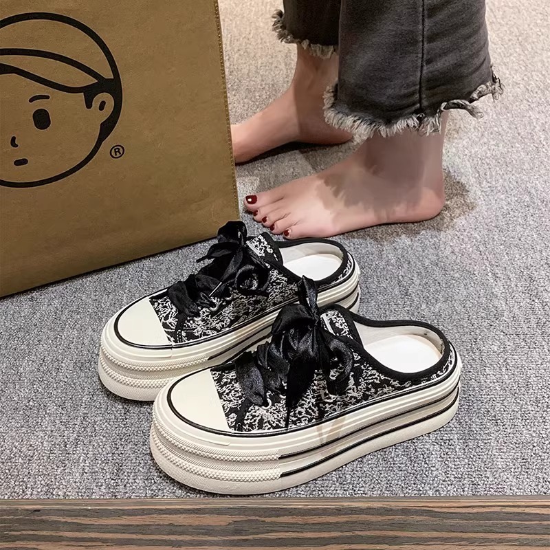 Ddmysports High End Closed Toe Slippers For Women Outdoor Wear Summer New Style Chinese Embroidered Thick Soled Backless Canvas Shoes Outdoor Shoes