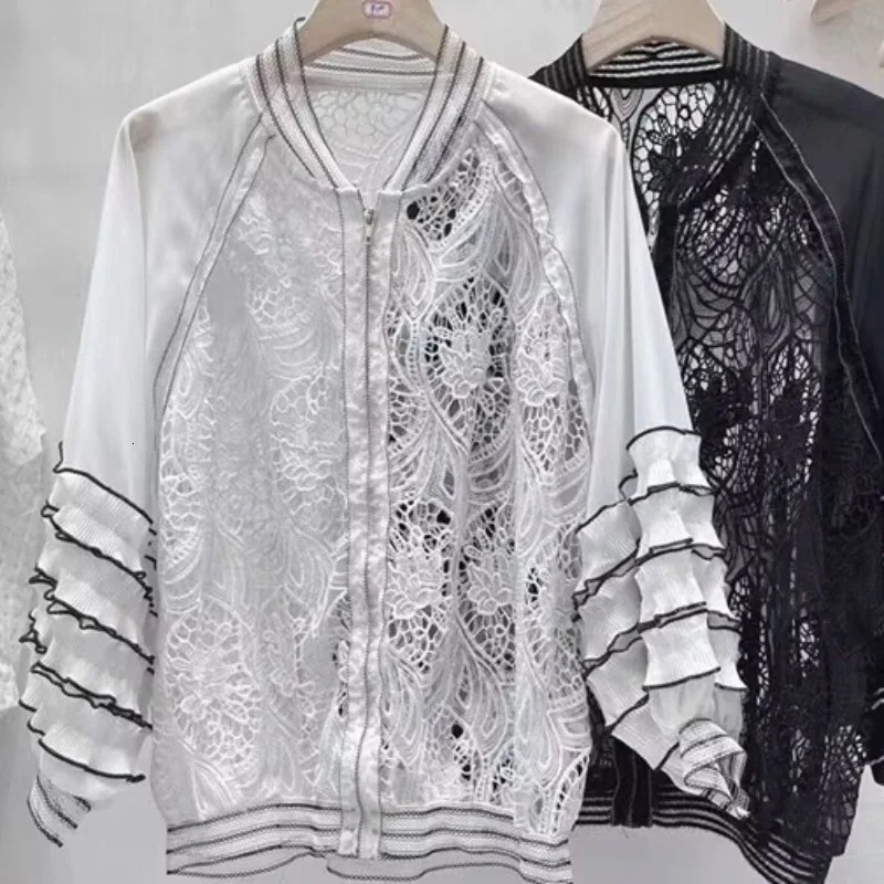 Neploe Elegant Vintage Lace Thin Baseball Jackets Spring Hollow Out Tops Sun Protection Long Sleeve Coat Women 250611