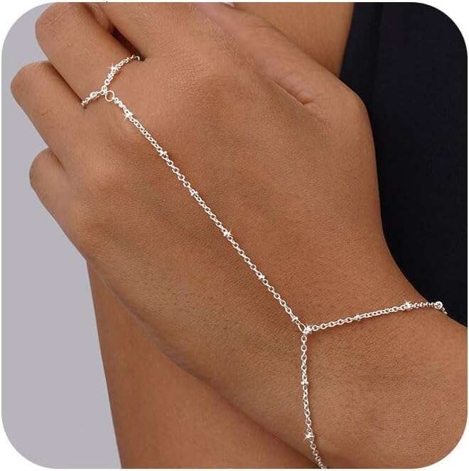 Women,Dainty 14K Gold/Sier Plated Finger Ring Chain Bracelet Cubic Zirconia Satellite Beads Hand Body Trendy Jewelry Waterproof Gifts for Her