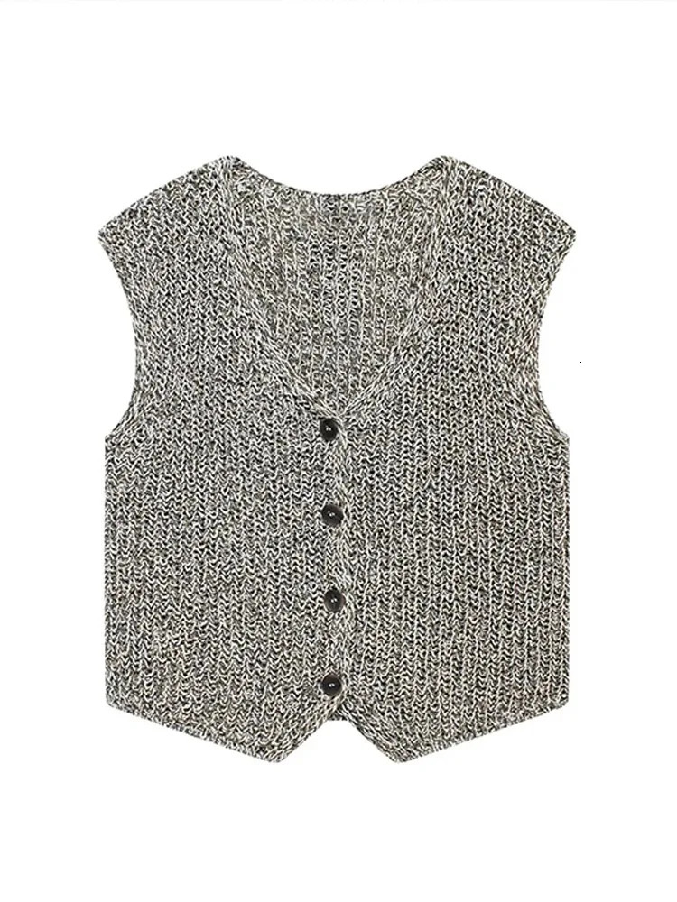 Female Casual Slim Fit Sleeveless Single Breasted V Neck Crop Top Elegant Knit Vest for Women Fashion Lady Outerwear 250612