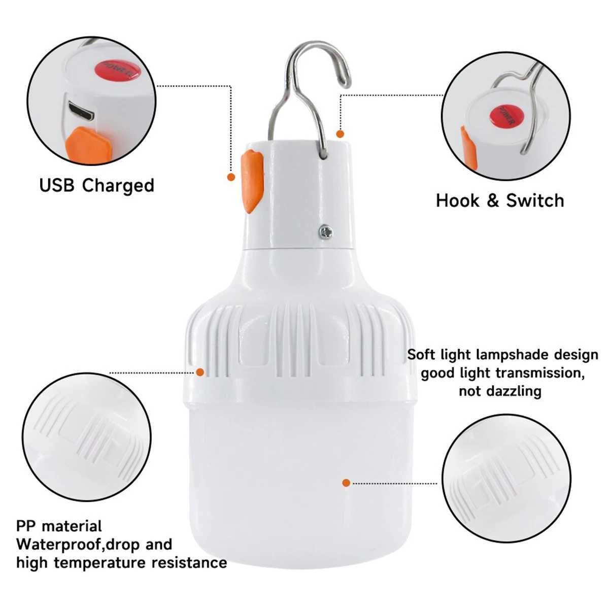 Outdoor LED Bulb Camping Lights USB Rechargeable Lamp Emergency Tent Market Hook Up Portable Lantern Bulb Battery BBQ Camping W250613