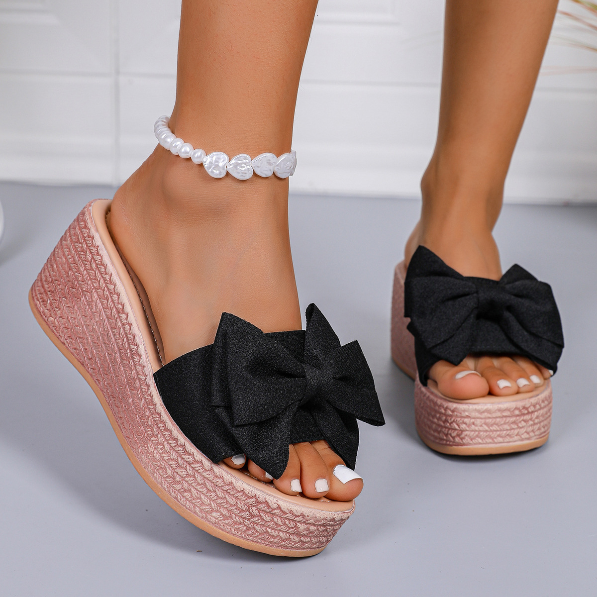 New plus size wedge bow shoes for women's foreign trade fabric thick soled beach sandals designer shoes for women's sandals