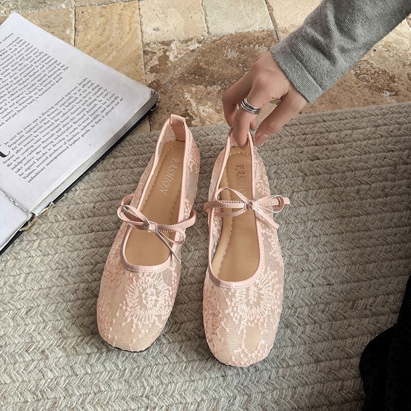 Ddmyoutdoor Gentle Evening Breeze Bowknot Ballet For Women New Fairy Hollow Mesh Lace Embroidered Single Shoes Outdoor Shoes