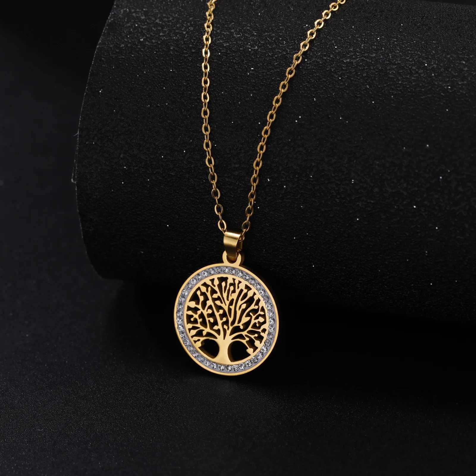 Womens Stainless Steel Gold-Color Tree of Life Necklace with Clear Zircon round Pendant Luxury Jewelry Gift for Weddings Z250614