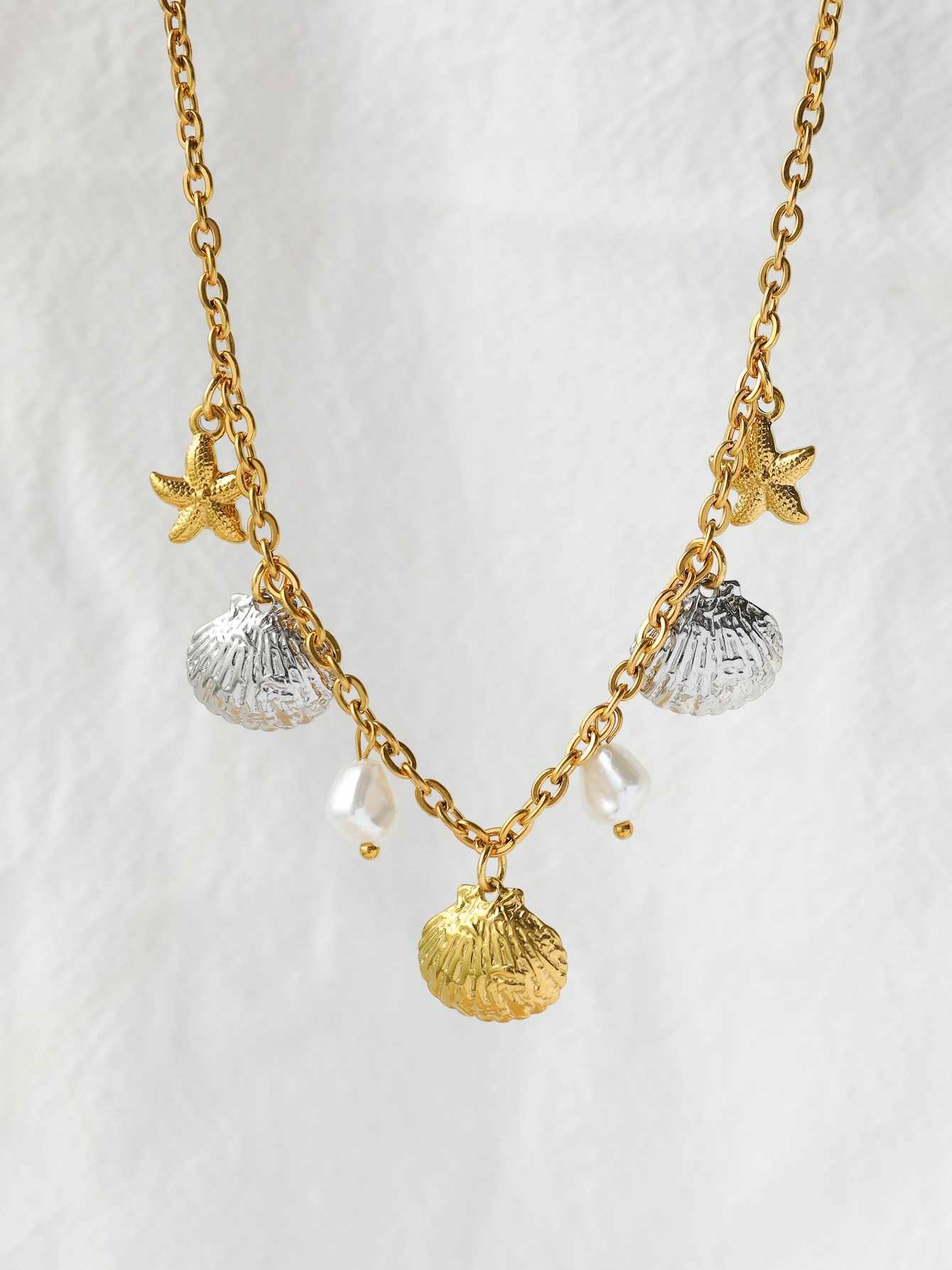 Fashion Two-color Shell Starfish Natural Pearl Pendant Necklace Stainless Steel Waterproof Pendant Necklace Unique Jewelry Gift Z250614