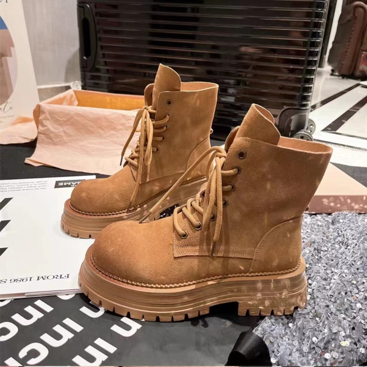 Ddmysports Flip Cover Martin For Women Early Autumn New Single Thick Sole Two Way Short Yellow Boots Trend Outdoor Shoes