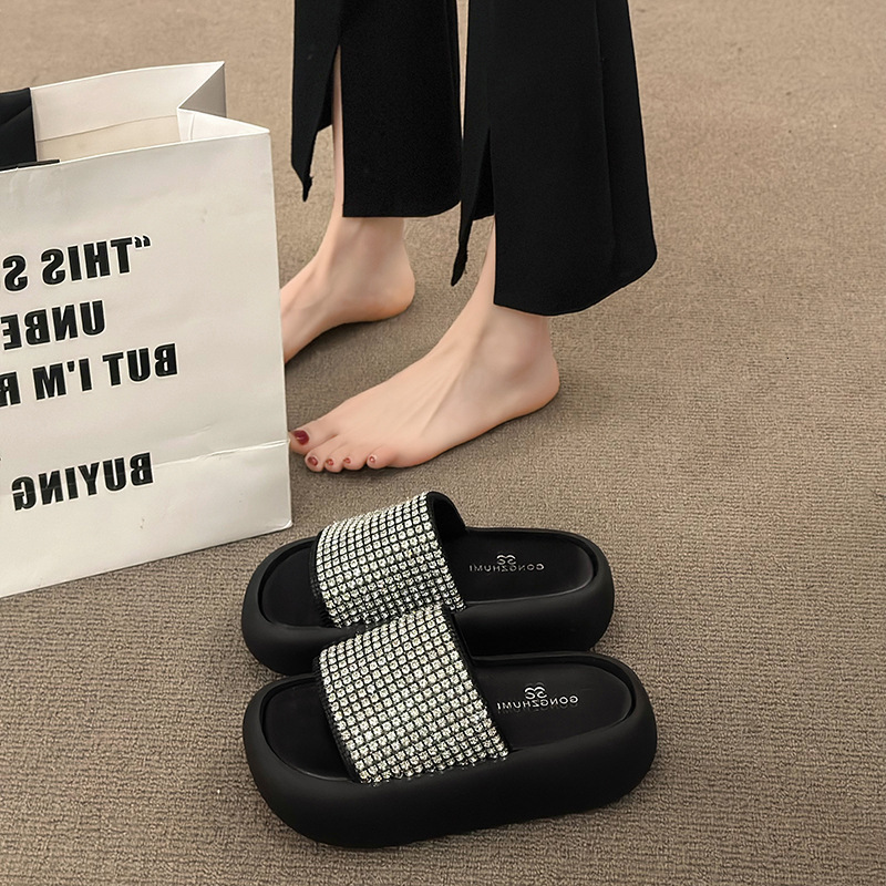 Ddmyoutdoor Platform Height Increasing One Strap Slippers For Women Summer Outdoor Rhinestone Wedge Fashion Sandals Outdoor Shoes