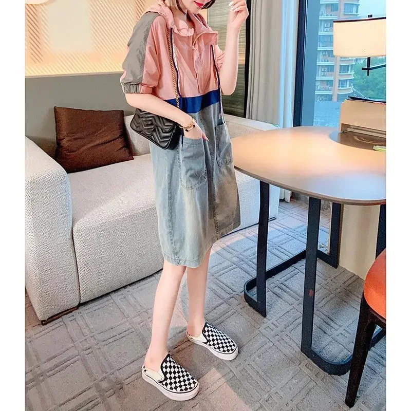 Spliced Hooded Denim Dress For womens Summer Fashion Loose Thin Short sleeved Casual Dress Female 250609