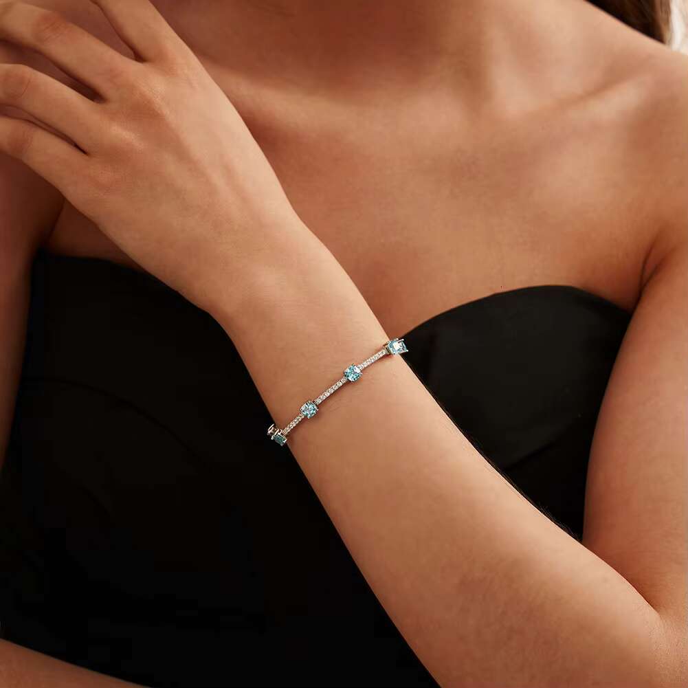 Wholesale Customizable Womens Elegant Tennis Bracelet Natural Aquamarine Gemstone Set Rhodium-Over Moissanite Elegant Bangles