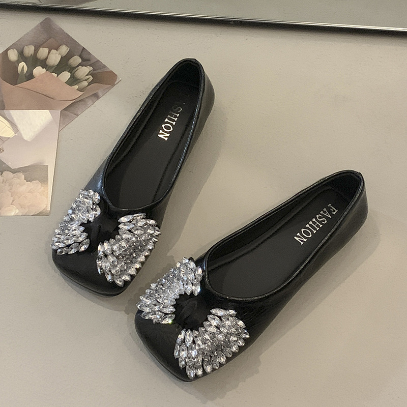 Ddmyoutdoor Spring Summer New Shallow Fairy Single With Rhinestones Gentle Evening Style To Match Dresses Square Toe Flat Shoes For Women Outdoor Shoe