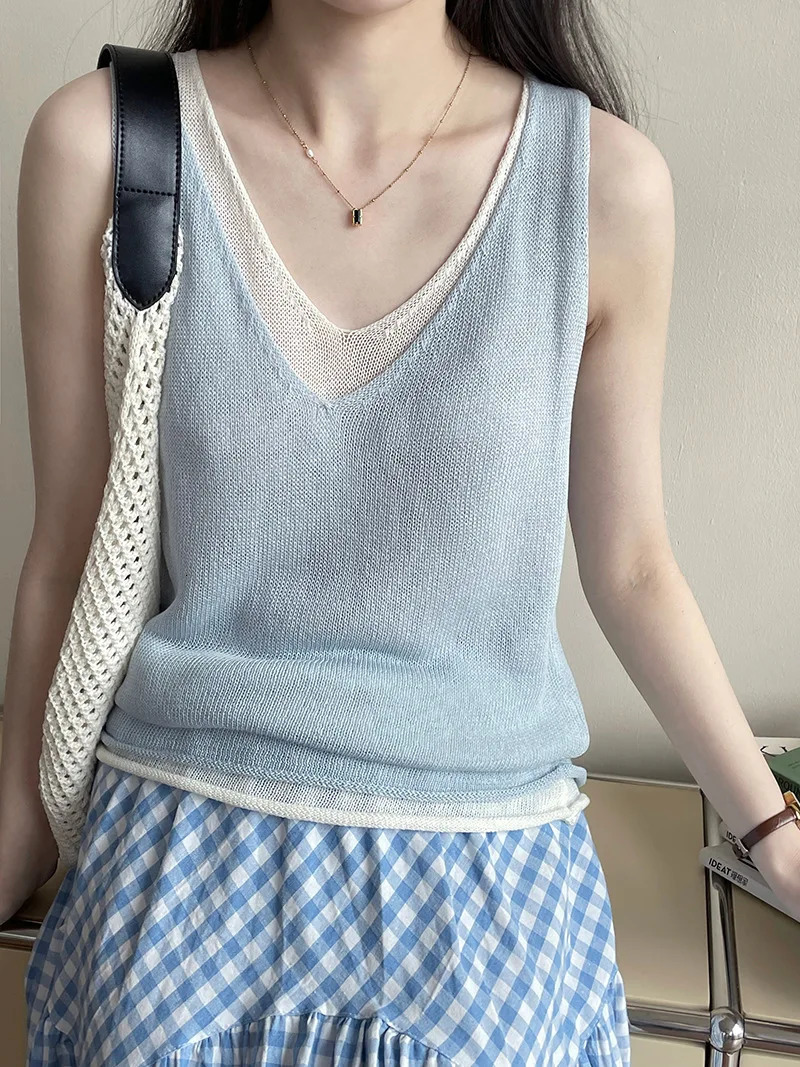 Twopiece Knit Tank Tops For Women 25 Summer Vneck Shoulder Top 250612