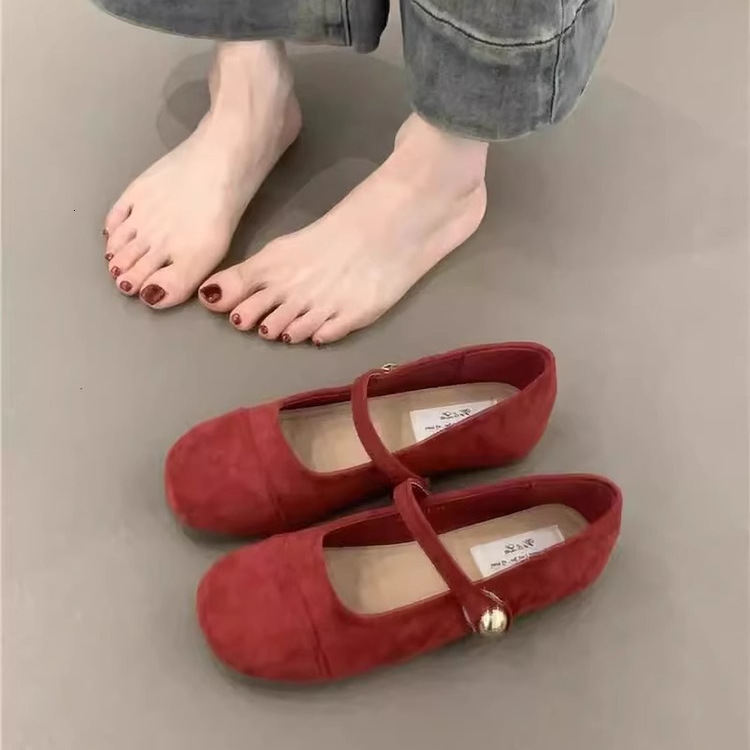Ddmyoutdoor French Style Shallow Mouth Red Single Spring New Gentle Fairy Suede Mary Jane Flat Shoes For Women Outdoor Shoes