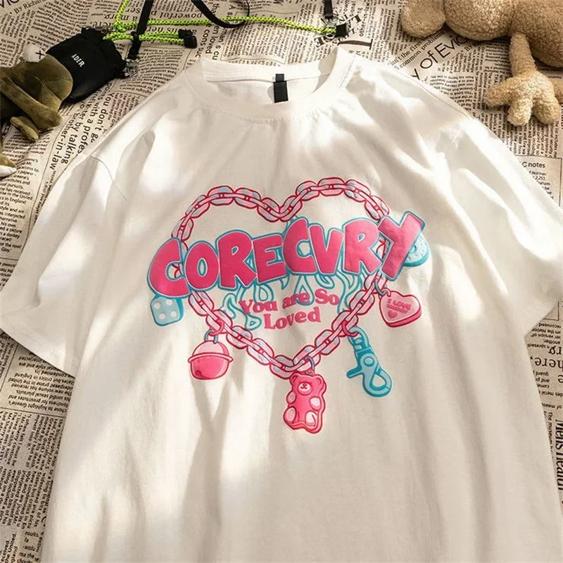 Harajuku Oversized T-Shirt Women - Chain Love Graffiti Print Streetwear Tee, Hip Hop Loose Fit Summer Casual Top