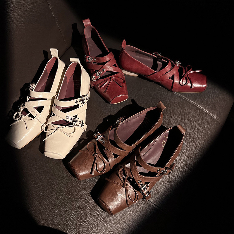 Ddmysheep Ddmysheep Bowknot Ballet Style Square Toe Strap Buckle Single For Women Spring Autumn New Mary Jane Shoes