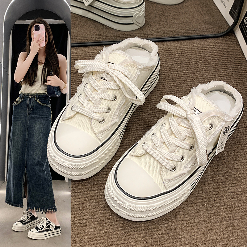 Ddmyoutdoor Baotou Canvas Half Slippers For Women Summer Outdoor New Thick Sole Height Increasing Casual Lace Up Lazy White Sandals Outdoor Shoes