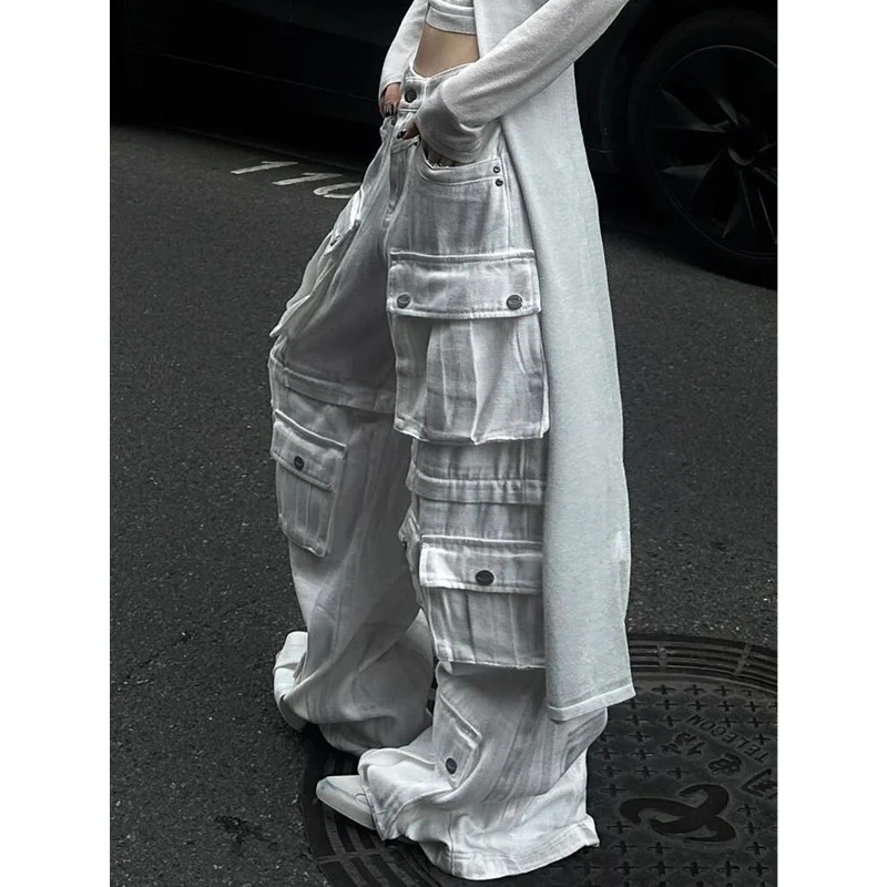 White Women Y2K Hip Hop Fashion Vintage High Waisted Cargo Jeans Streetwear Casual Loose Pockets Girl Wide Leg Denim Pants Z260314