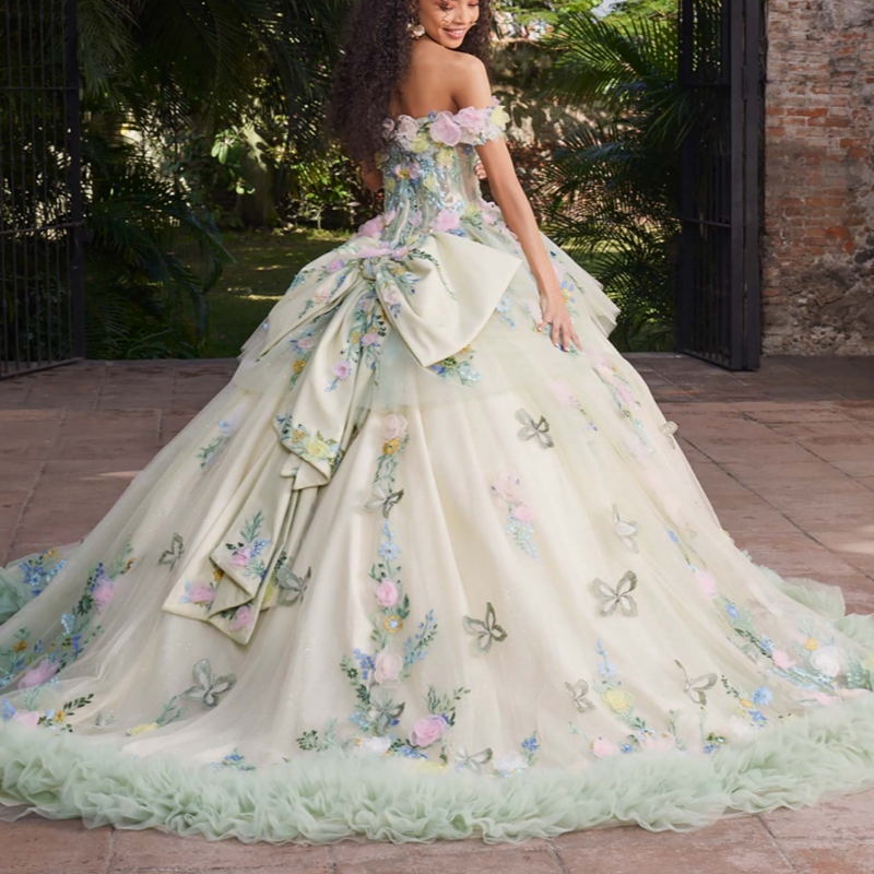Green Quinceanera Dresses Ball Gown Off The Shoulder Applique Flower Bow Beads Tull Tiered Sweet 16 Dress Vestidos 15 De Anos