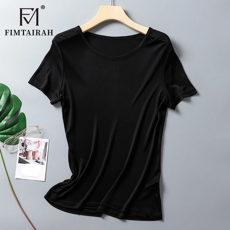 Fimtairah Double-sided knitted silk T-shirt for women elastic short-sleeved mulberry silk round-neck slimming top 250609