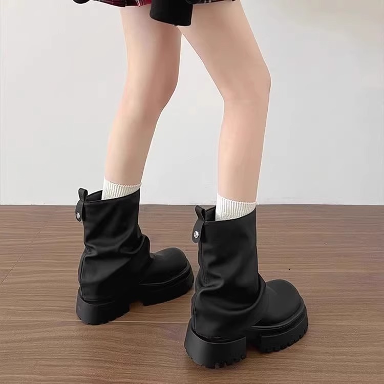 Ddmysports Black Martin For Women New Autumn British Style Tube Thick Sole Height Increasing Knight Slouch Boots Outdoor Shoes