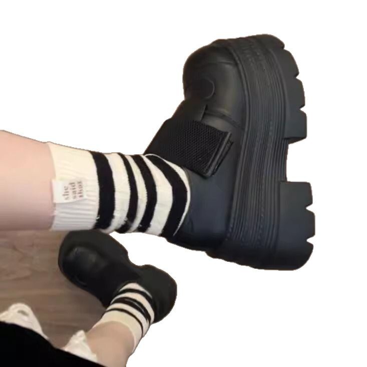 Ddmysports Spring Thick Soled Height Increasing Short British Style Platform For Women New Fashion Versatile Black JK Leather Shoes Outdoor Shoes
