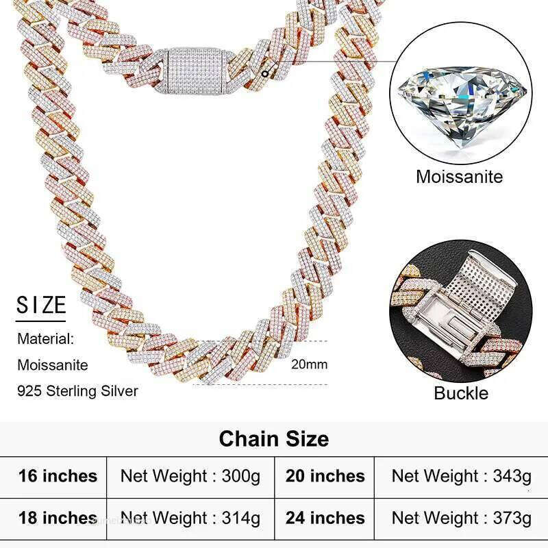 Heavy Hip Hop Jewelry 19mm 3 Tones Sterling Sier VVS Moissanite Iced Out Miami Cuban Link Chain Necklace for Men