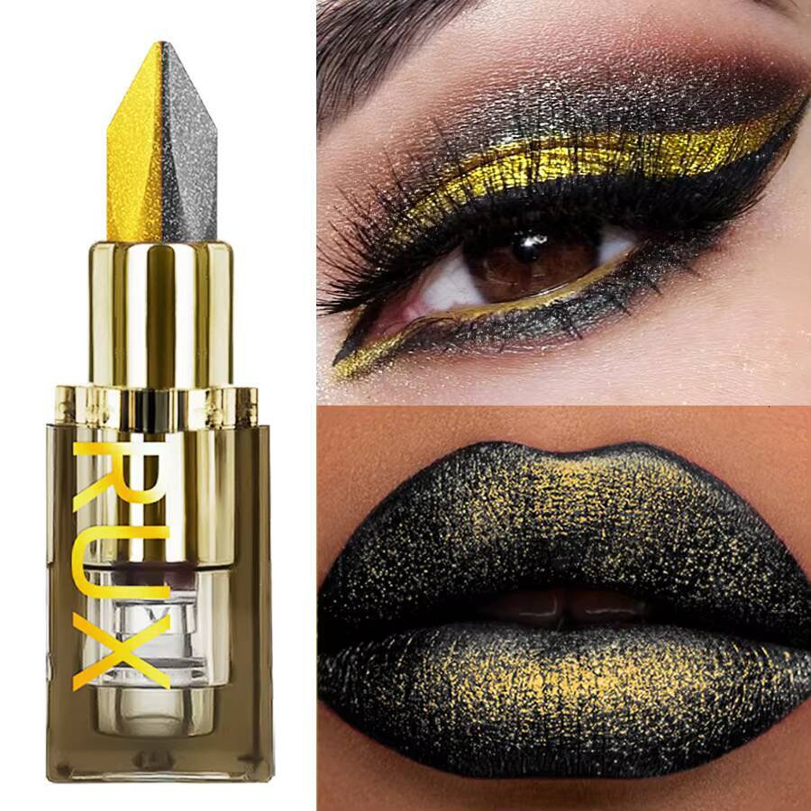 1pc Two-tone Color Glitter Non-stick Cup Matte Black&yellow Lip Makeup Diamond Lipstick or for Eye Shadow Gifts happy