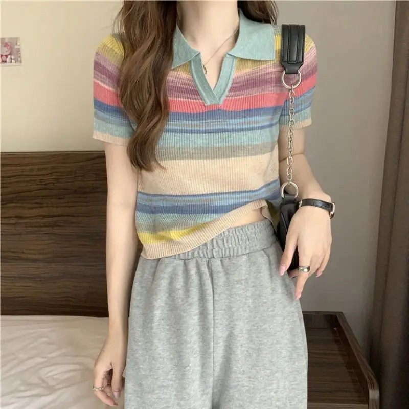 Ice Silk Knitted T-shirts Sexy Crop Top Pretty Short Sleeve Striped Womens Polo Korean Clothes Casual Lapel Female Tee 250609