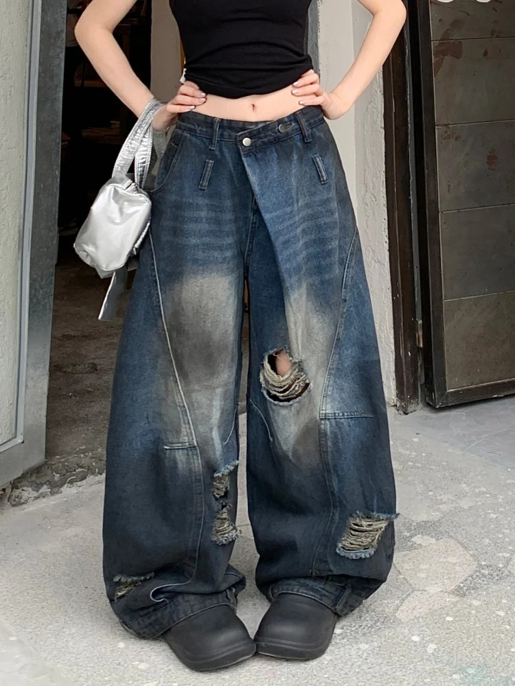 Y2K Clothing Grunge Dirty Washed Blue Old Baggy Stacked Ripped Jeans Pants For Women Wide Leg Punk Lady Denim Trousers 250612