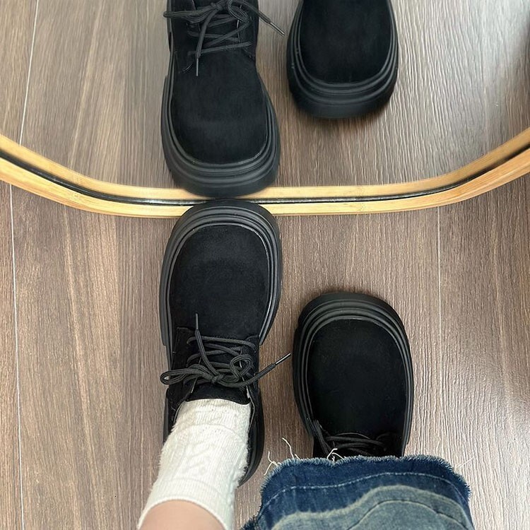 Ddmysports Brown Short Boots For Women Autumn Winter New British Style Versatile Platform Thick Sole Lace Up Chunky Leather Shoes Outdoor Shoes