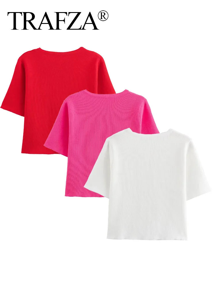 TRAFZA Female T Shirt Solid White Short Sleeves One Button Cardigans Slim Knitted Tops Summer Cropped Casual Style 250612