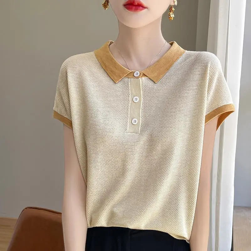 Womens Polo Contrast Color Knitted T-shirts High Quality Original in Trend 2025 Korean Style Clothing Baggy Female Tee 250609
