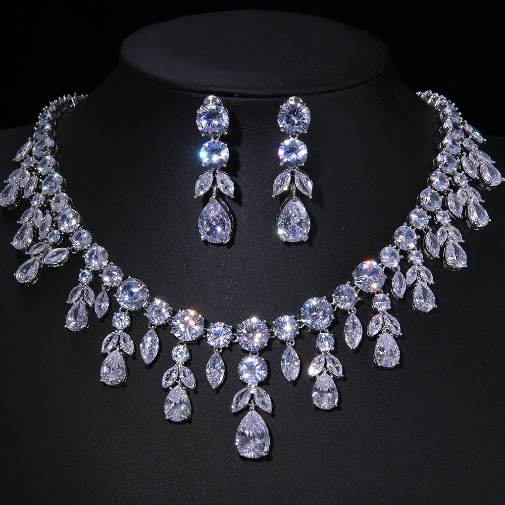 Emmaya Zircons Bling Square Drop Dark Blue Cubic Zircon Necklace and Earrings Women Party Jewelry Set for Wedding Brides 250530