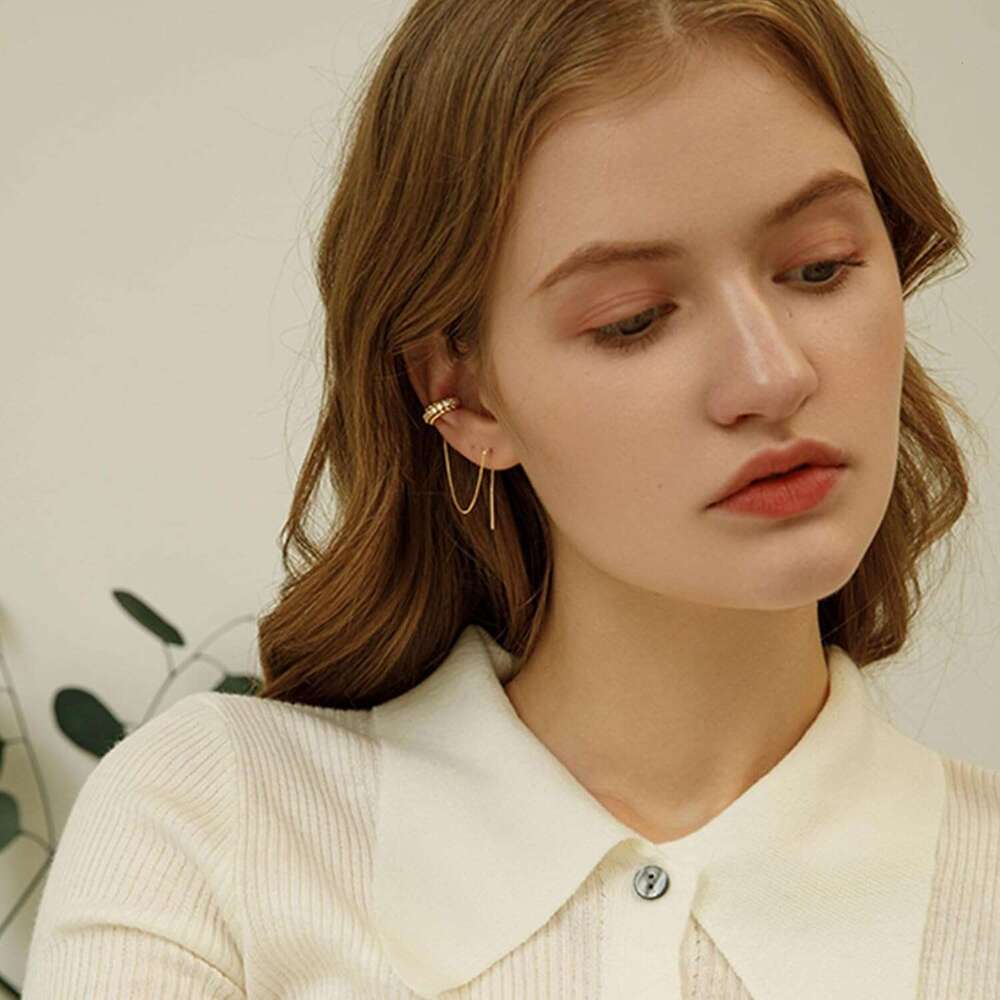 Hie women 14k Dainty Gold Tassel Chain Drop Dangle Small Hoop Stud for Women Teen Cubic Zirconia Sparkling Earrings Clip Womens earrings