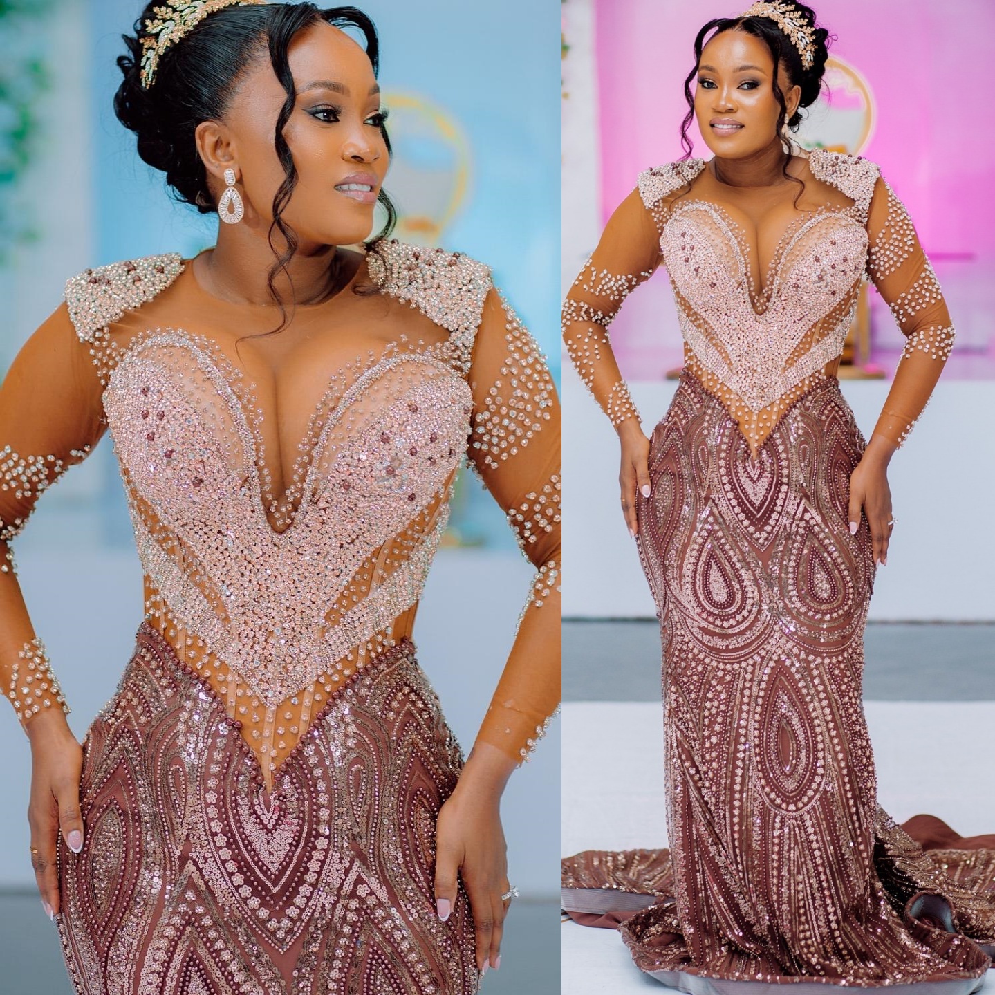 Chocolate Mermaid Prom Dresses 2025 Beaded Crystals Full Sleeves Evening Formal Party Second Birthday Engagement Gowns Plus Size Dress For Special Occ