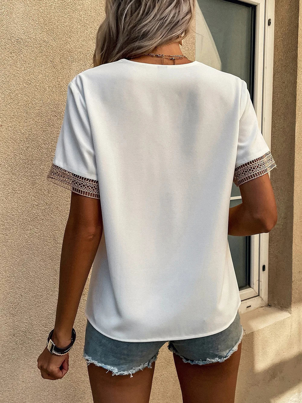 Summer Elegant Blouse Fashion Women Short Sleeve Chiffon Tops Vneck Quilted Female Lace Shirt Hollow Out Clothes 250614