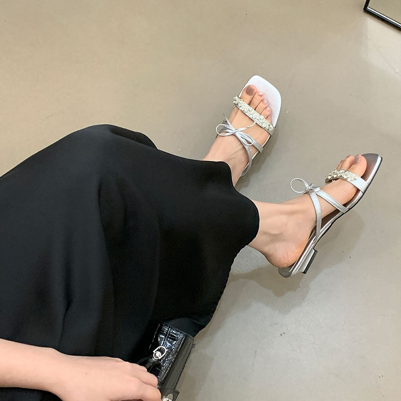 Ddmyoutdoor French Style Flat Rhinestone One Strap Fairy Shoes Outdoor Summer Pink Dress Matching Bowknot Sandals Outdoor Shoes