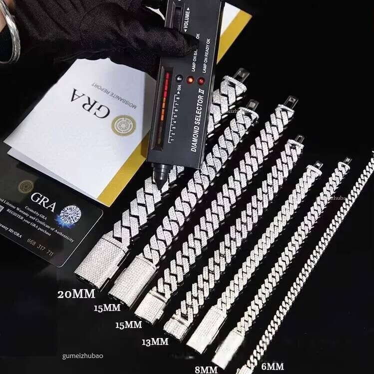 8mm White Gold Sterling Sier VVS Moissanite Dia Cuban Link Chain Bracelet Iced Out Mossanite Jewelry for Men Women