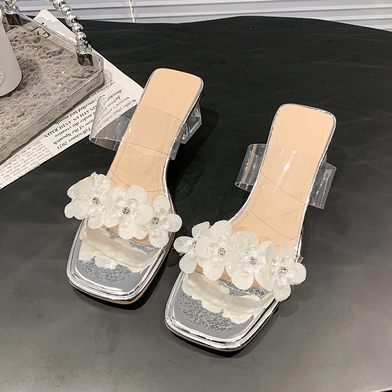 Ddmyoutdoor Summer New Ins Trendy Internet Celebrity Fashion One Strap Transparent Sandals Women High Heels Crystal Chunky Heel Slippers Outdoor Shoes