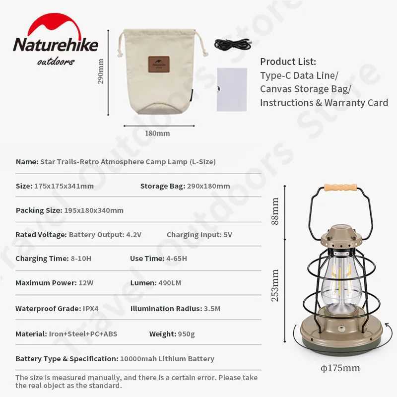 Naturehike Ultralight IPX4 Light Portable Hand Lamp Outdoor Camping Waterproof Retro Atmosphere Mobile LED Tent Lantern Tool W250613