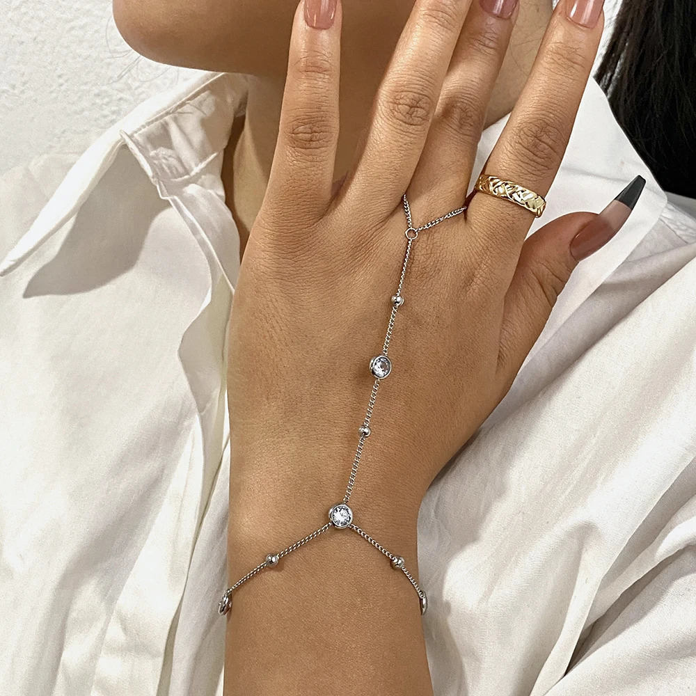 Bohemia Stainless Steel Ring Bracelet Round Rhinestone Hand Chain Bracelet Elegant Gold Plated Summer Hand Jewelry Gift 250610