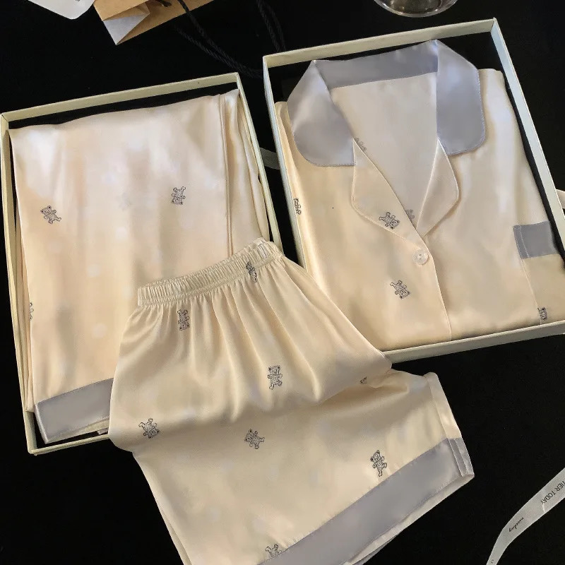 Spring and Summer Ladies Ice Silk Cardigan Leisure Three-Piece Pajamas Home Pajamas Short-Sleeved Bear Print Pajamas 250613