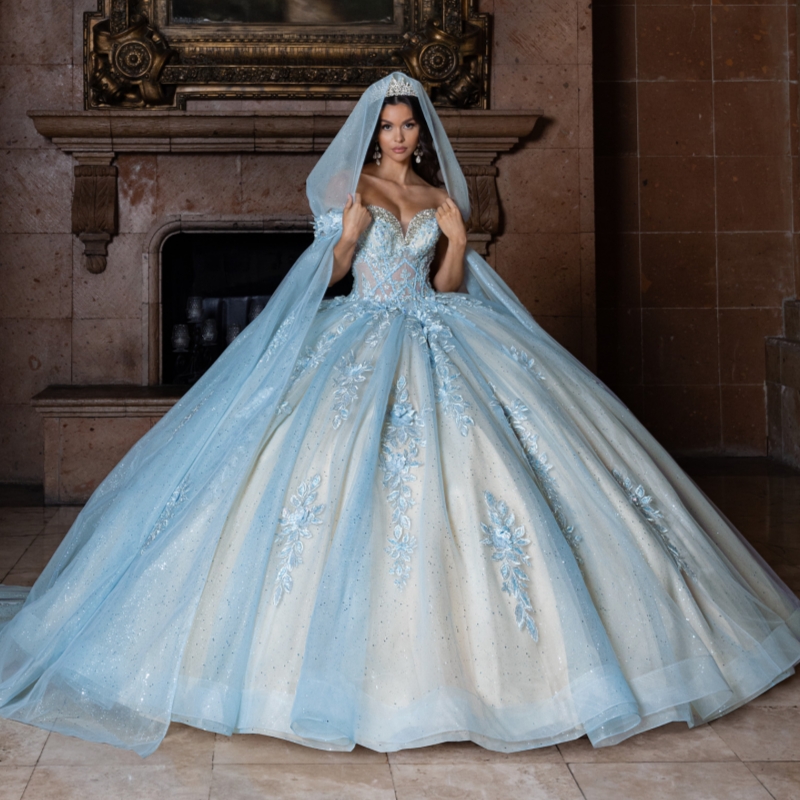 Sky Blue Shiny Quinceanera Dresses Ball Gown Off The Shoulder Applique Lace Beads Bow Tull With Cape Sweet 16 Dress Vestidos 15 De Anos